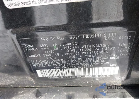 2010 Subaru Outback 2.5I Premium z USA, uszkodzony, nr VIN 4S4BRBGC7A3356418